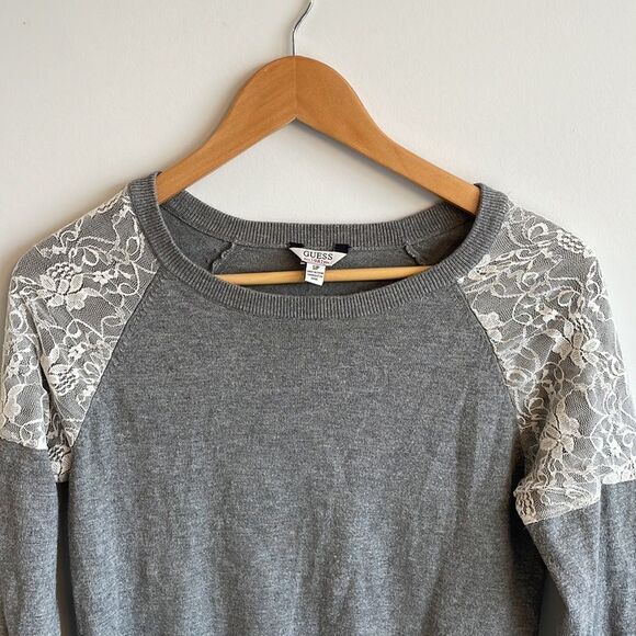 Guess Gray Crewneck Sweater Lace Accent Size Small - Picture 4 of 8